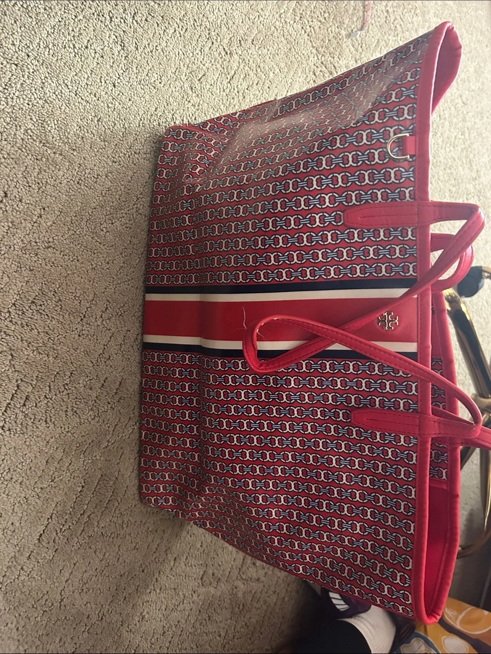 Tory Burch Gemini Red, White and Navy Patterned Canvas Tote
